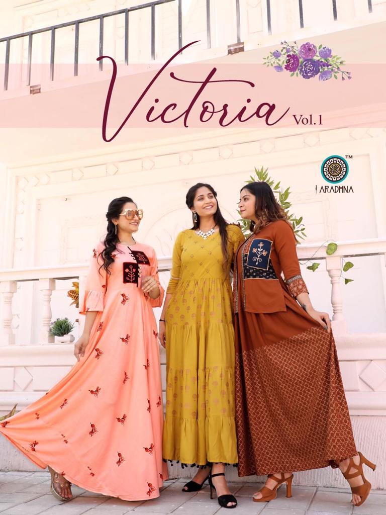 Aradhna Victoria Vol 1 Heavy Rayon Fabric With Handwork Gown Style Kurti Wholesale Dealer