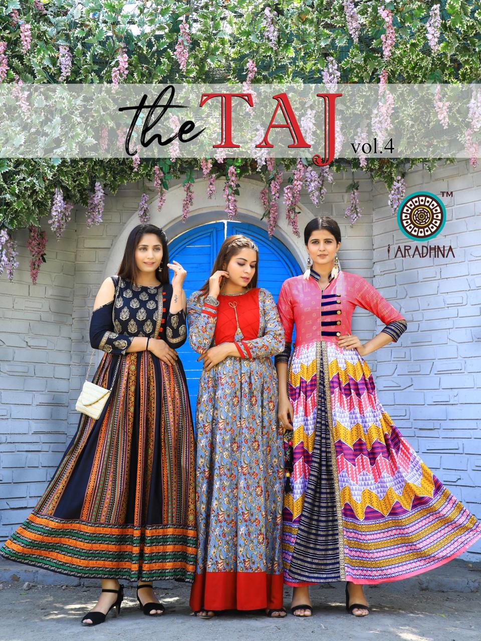 Aradhna Launched Taj Vol 4 Heavy Rayon With Embroidery Work Designer Kurtis