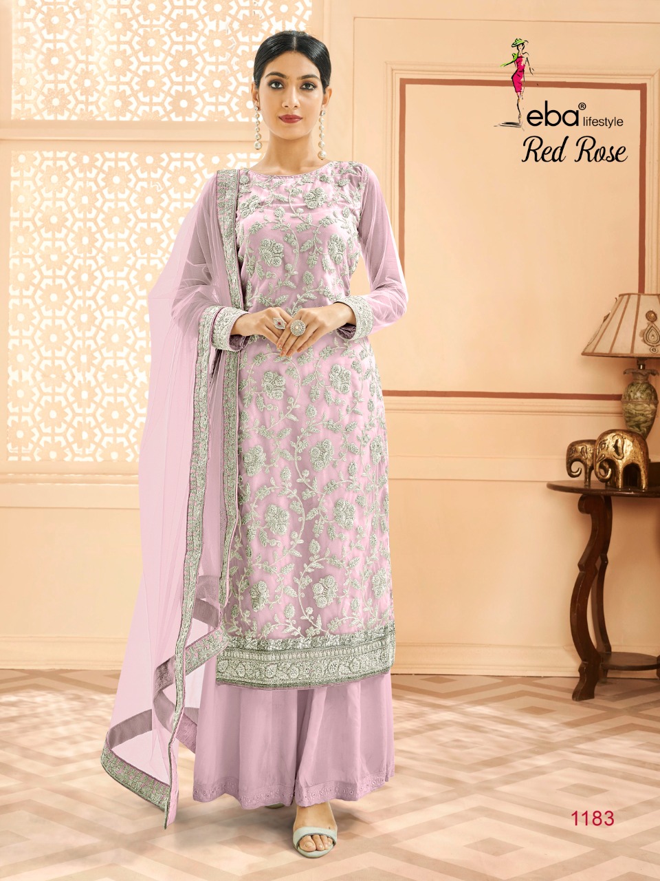 Eba Lifestyle Launched Red Rose Heavy Butterfly Net With Silver Coding Work Pakistani Suits