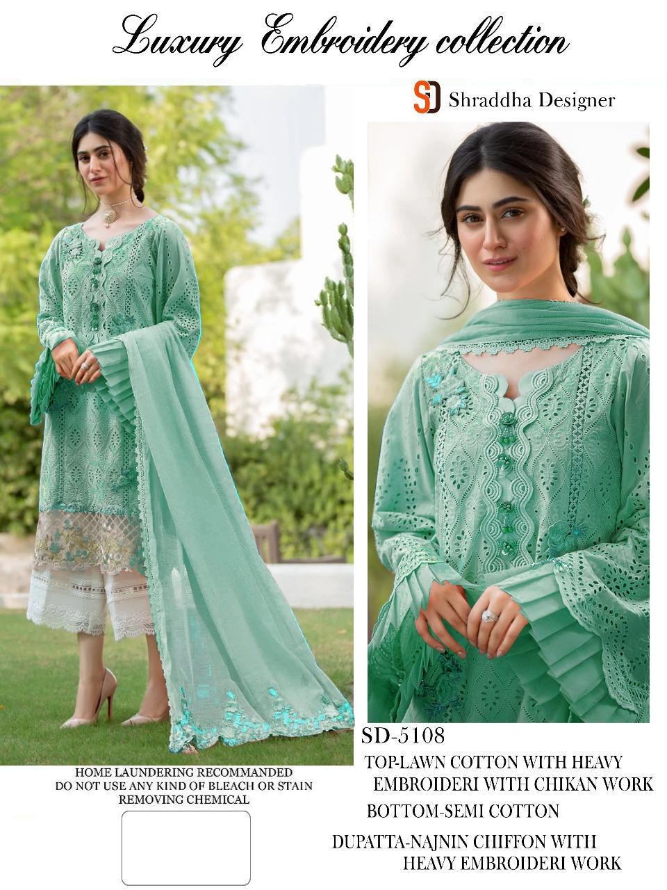 Shraddha Designer Presents Sd 5108 Lawn Cotton With Heavy Embroidery Pakistani Suits
