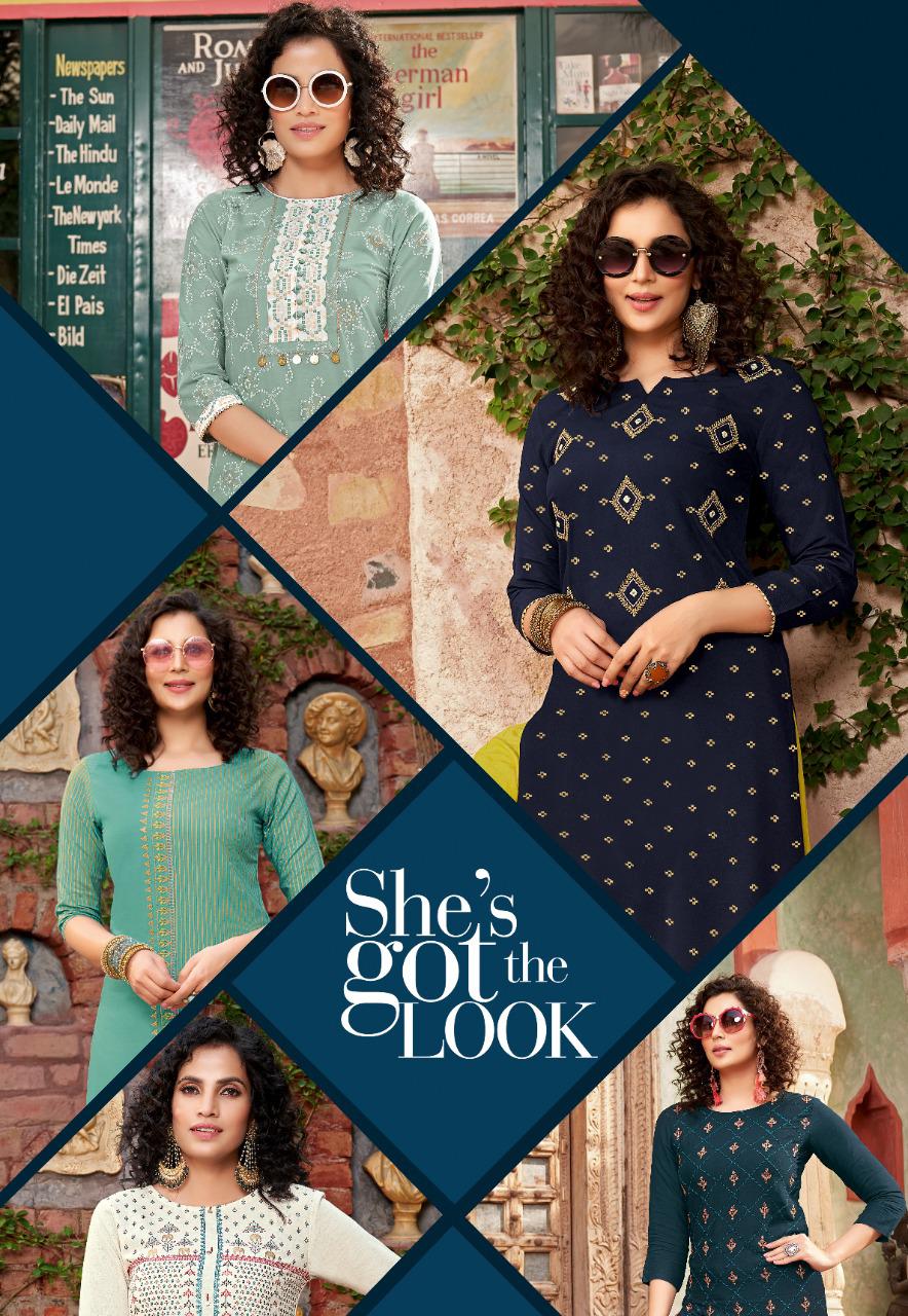 Kajal Style Presents Fashion Galaxy Vol 2 Rayon Print With Fancy Embroidery Work Kurtis