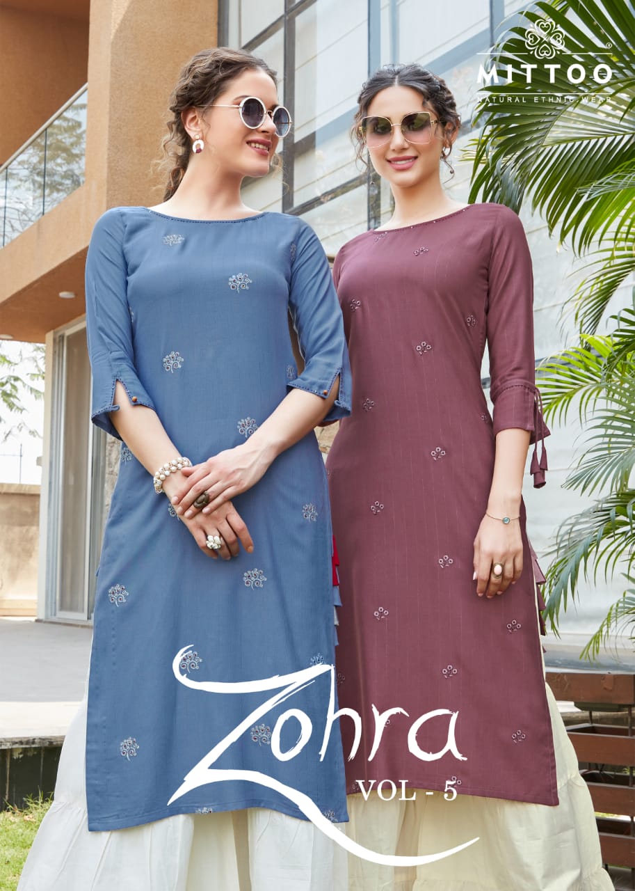 Mittoo Presents Zohra Vol 5 Heavy Rayon With Jari Strips Kurtis And Sharara