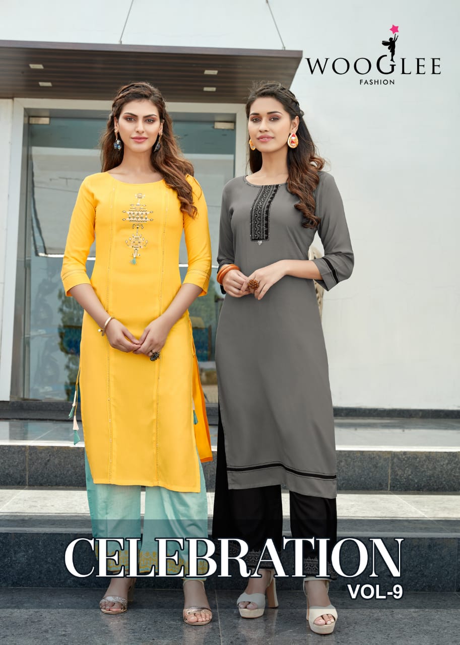 Mittoo Wooglee Launched Celebration Vol 9 Heavy Rayon With Embroidery Handwork Kurtis Wholesale Dealer Surat