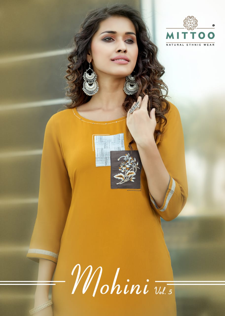 Mittoo Launched Mohini Vol 5 Harvey Rayon With Embroidery Handwork Kurtis And Pants Wholesale Dealer Surat
