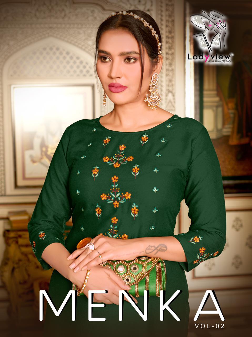 Ladyview Launched Menka Vol 2 Heavy Rayon With Heavy Embroidery Work Kurtis Wholesale Dealer Surat