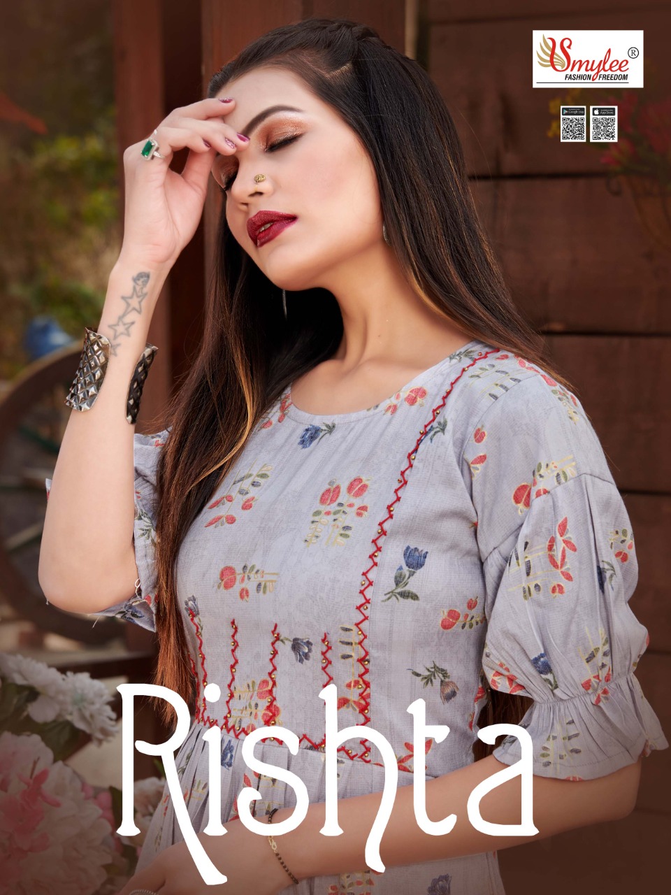 Smylee Fashion Launched Rishta Rayon With Foil Print Long Frock Style Kurtis Wholesale Dealer Surat