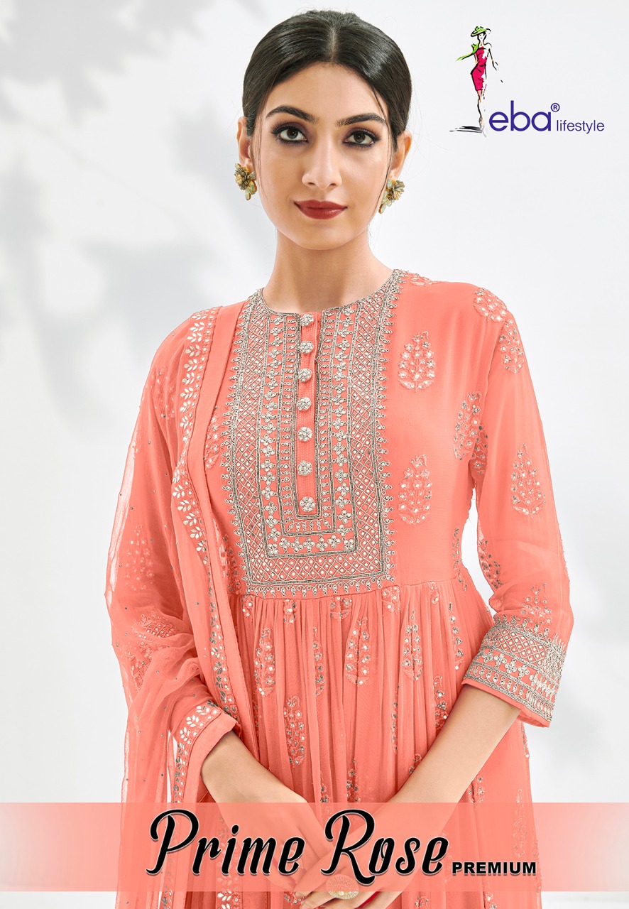 Eba Lifestyle Launched Prime Rose Premium Semi Pure With Heavy Embroidery Work Long Gown Style Suits Wholesale Dealer Surat