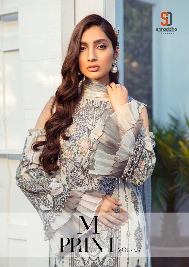 Shraddha Designer Launched M Print Vol 7 Lawn Cotton Printed With Heavy Embroidery Work Pakistani Suits Wholesaler Surat