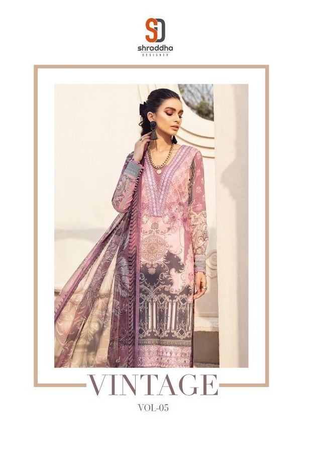 Shraddha Designer Presents Vintage Vol 5 Lawn Cotton Printed With Embroidery Work Salwar Suits Wholesale Dealer Surat