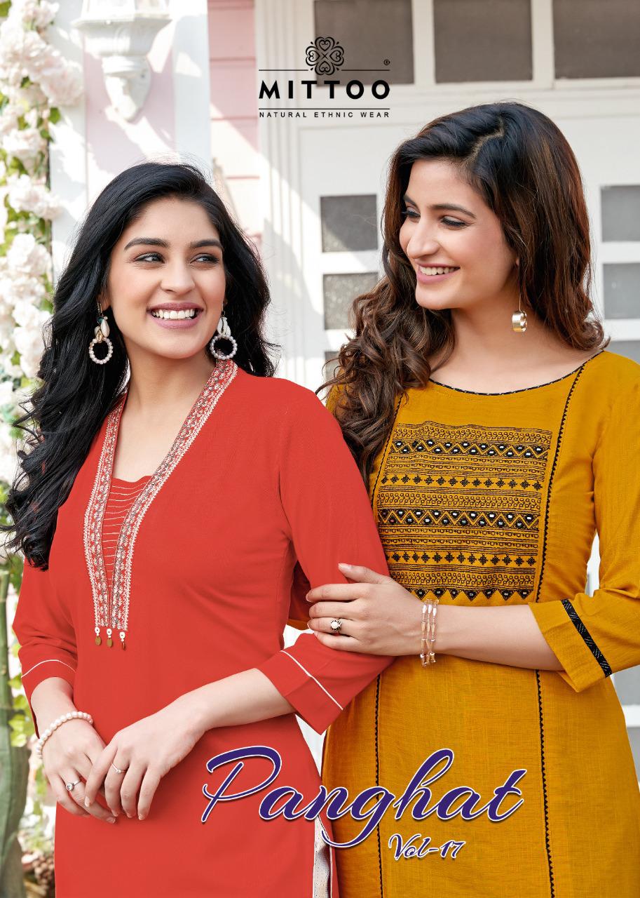 Mittoo Panghat Vol 17 Heavy Rayon With Embroidery And Hand Work Long Straight Type Casual Wear Readymade Kurtis And Plazzo Wholesaler Dealer Surat