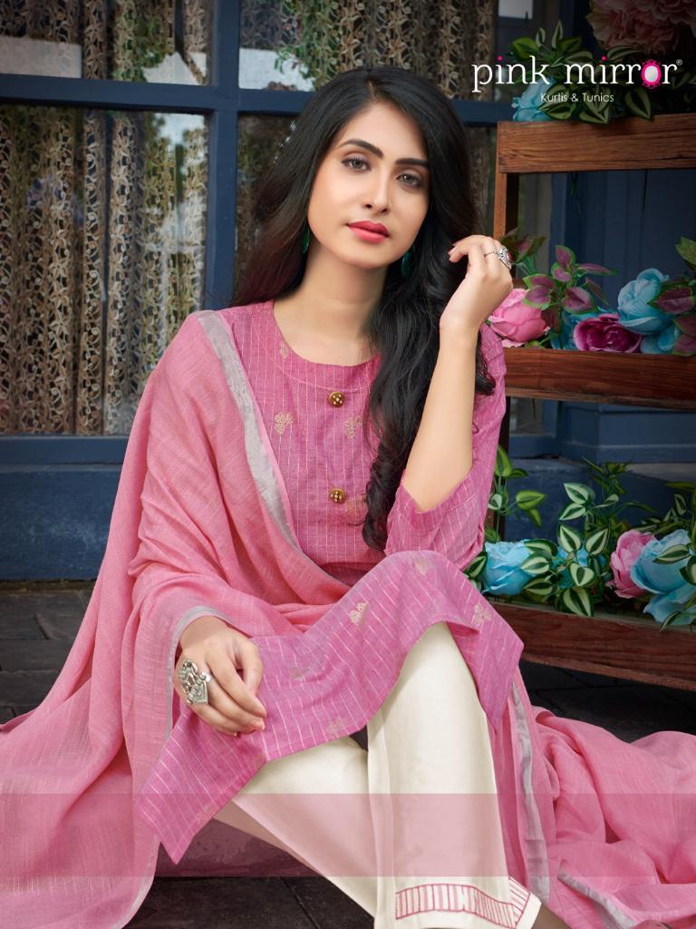 Pink Mirror Mint Viscose Lurex With Foil Print Long Straight Type Casual Wear Kurtis Wholesale Dealer Surat