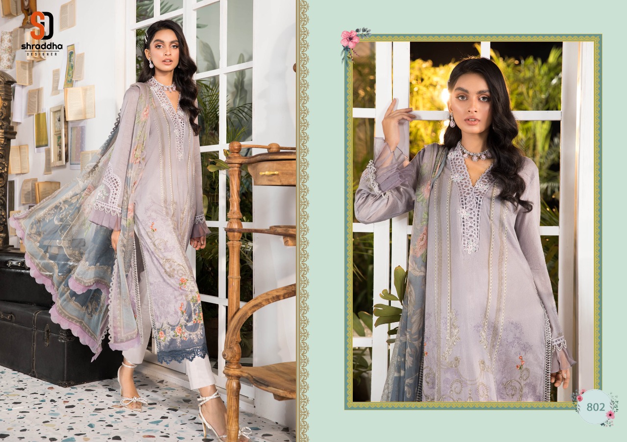 Shraddha Designer M Print Vol 8 Lawn Cotton Printed With Heavy Embroidery Work Pakisatni Style Salwar Suits Wholesaler Surat