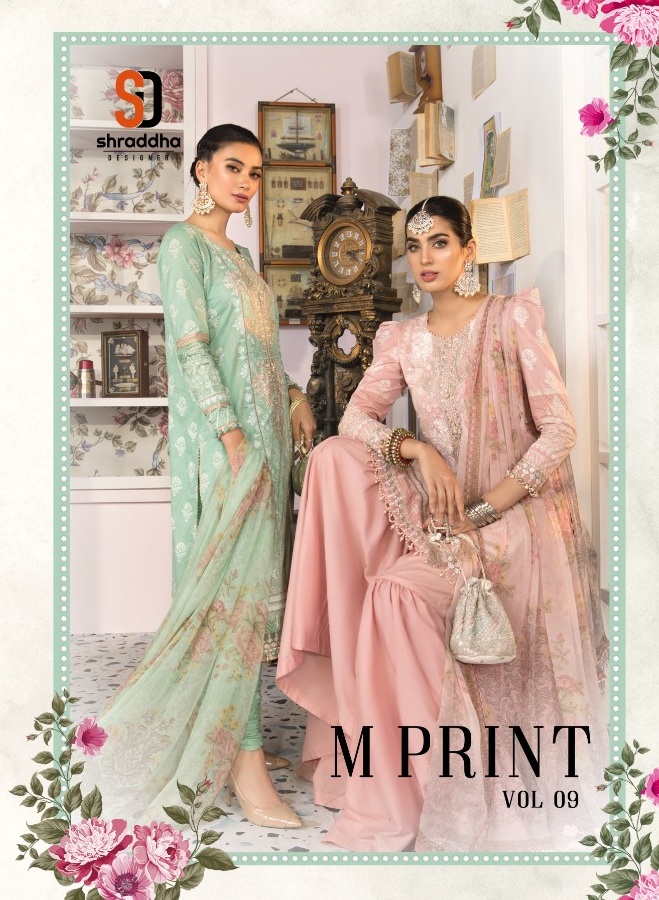 Shraddha Designer M Print Vol 9 Lawn Cotton Printed With Heavy Embroidery Work Salwar Kameez Wholesale Dealer Surat