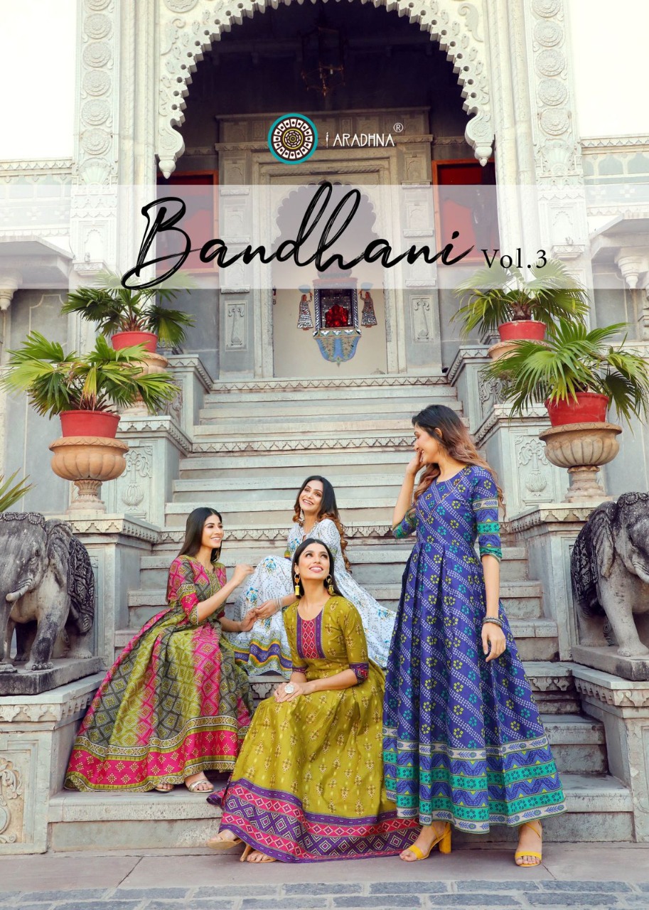 Aradhna Bandhani Vol 3 Coton Gown Style Kurtis Wholesaler Surat