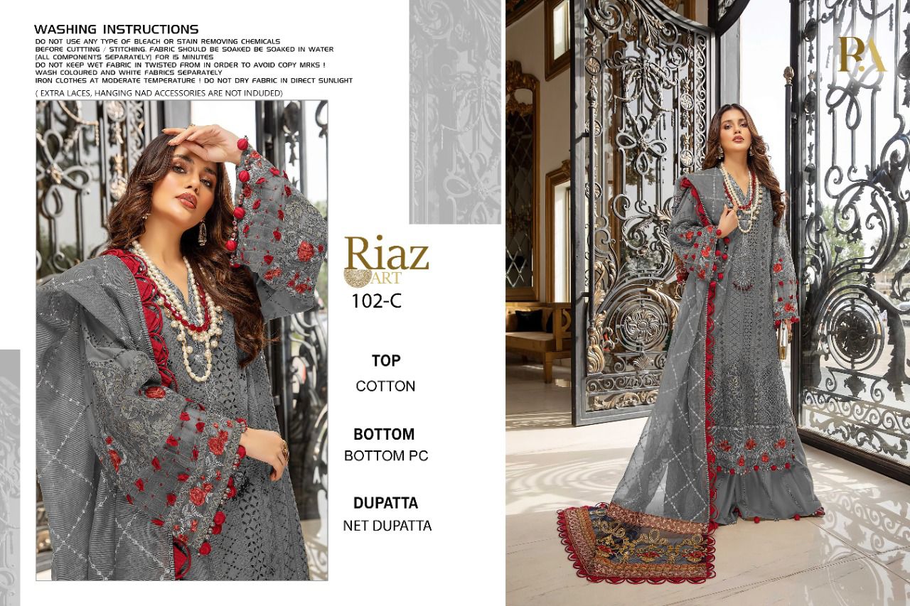 Riaz Art D No 102 A B C Pure Cotton Pakistani Style Salwar Kameez  Wholesaler Surat