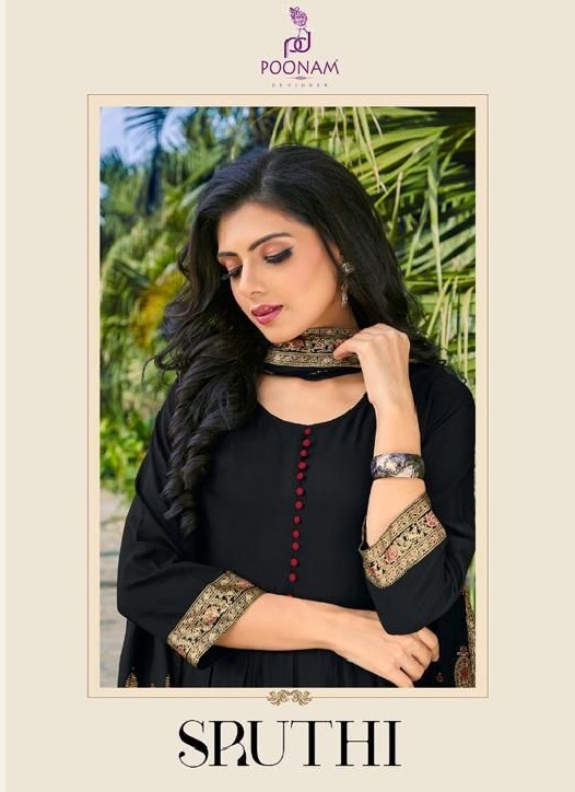 Poonam Designer Sruthi Rayon Foil Print Gown Kurtis Wholesaler Surat