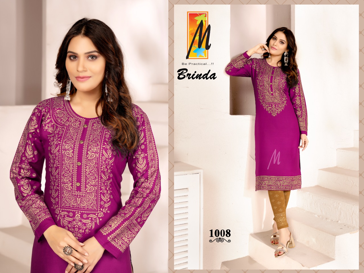Master Brinda Rayon With Gold Printed Stylish Fancy Party Wear Kurtis With Bottom Wholesaler Surat