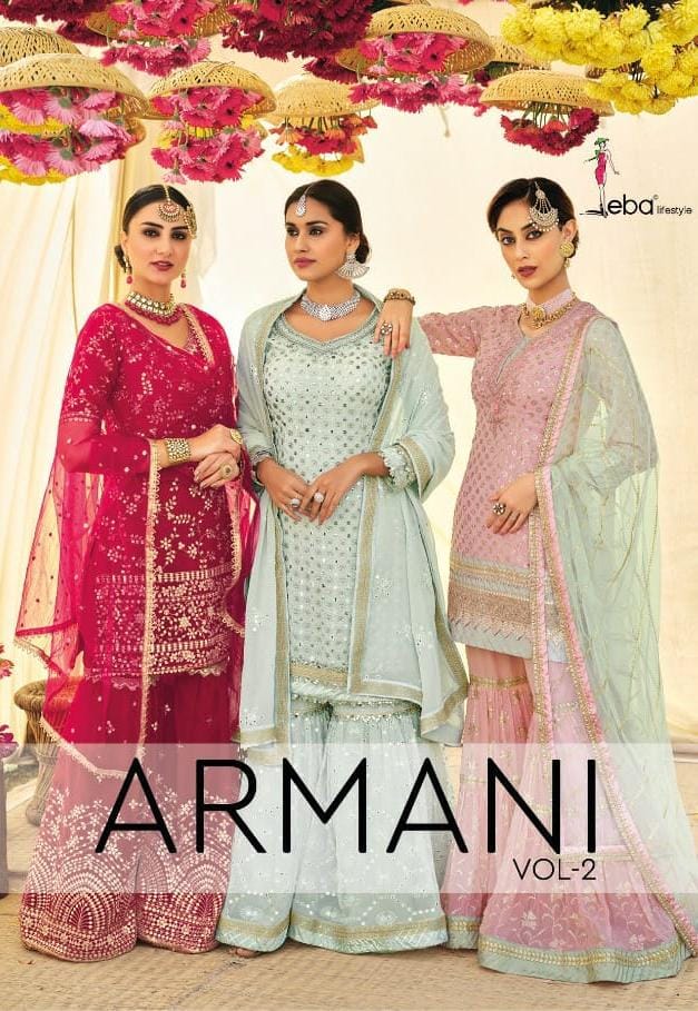 Eba Lifestyle Armani Vol 2 Fox Georgette Heavy Designer Sharara Suits Wholesaler Surat