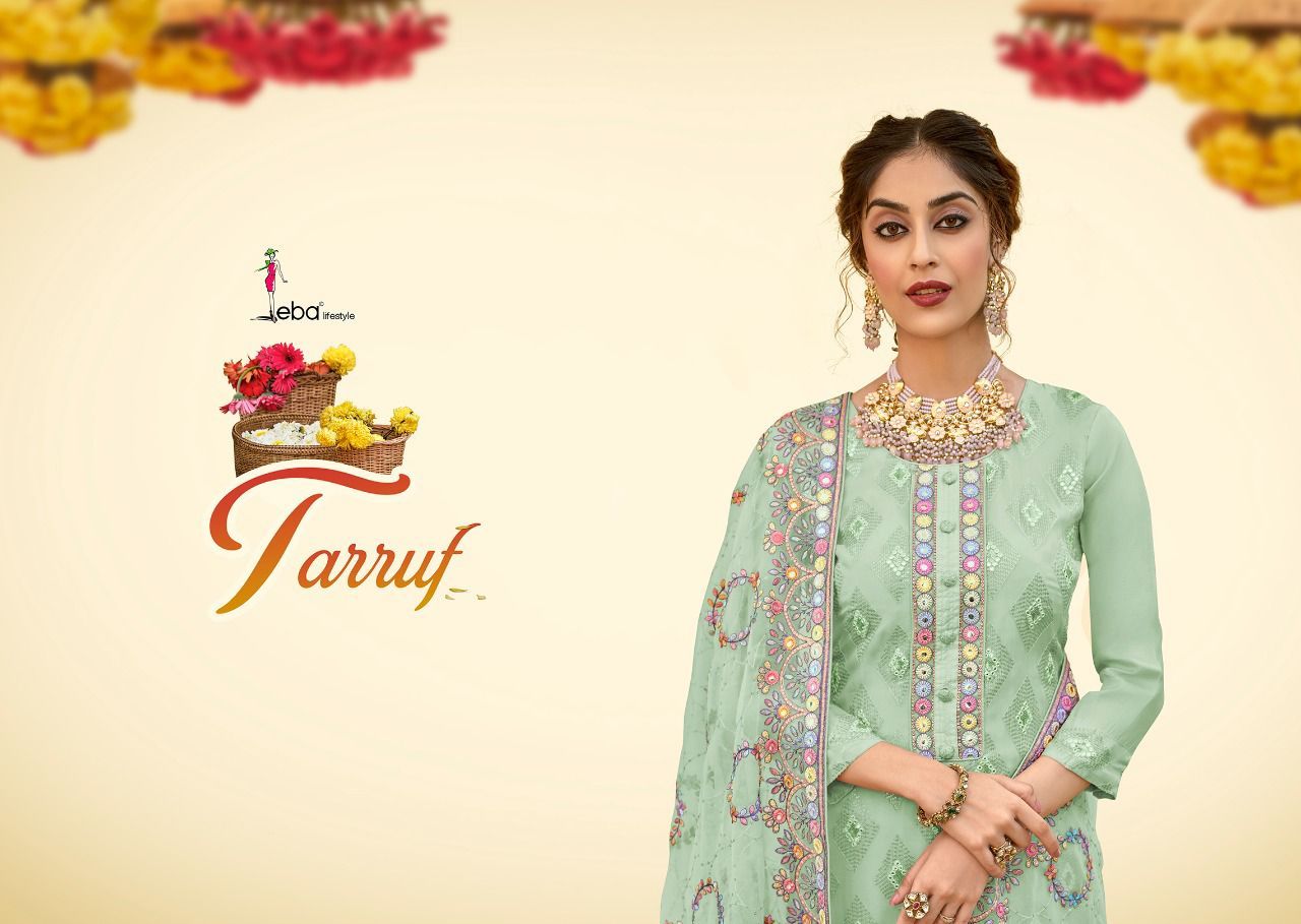 Eba Lifestyle Tarruf Viscose Organza Embroidery Suits Wholesaler Surat