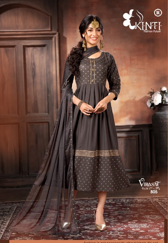 Kinti Virasat Rayon Foil Print Kurtis With Dupatta Set Wholesaler Surat