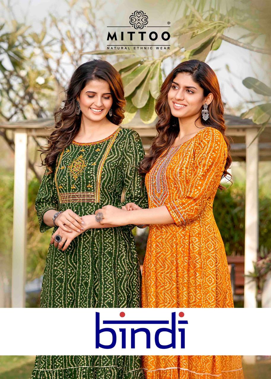 Mittoo Bindi Rayon Prints Fancy Long Kurtis Wholesaler Surat