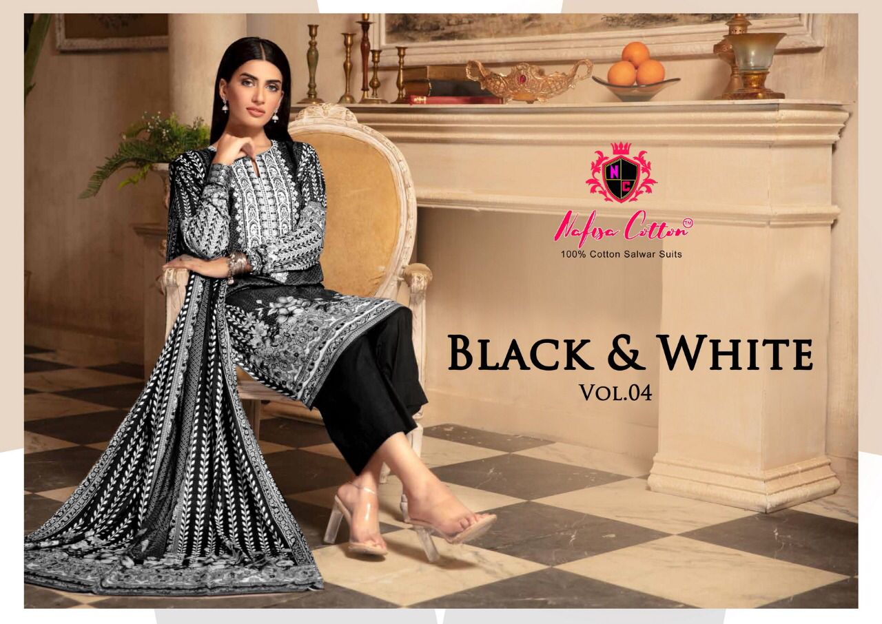 Nafisa Cotton Black And White Karachi Queen Vol 4 Cotton Suits Wholesaler Surat