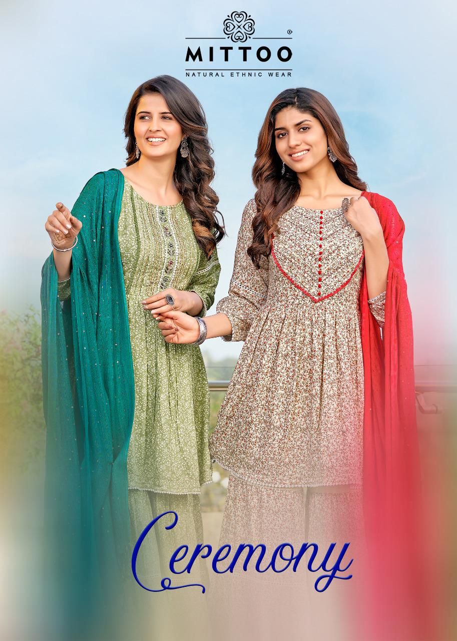 Mittoo Ceremony Rayon Fancy Printed Ready Made Sharara Suits Wholesaler Surat