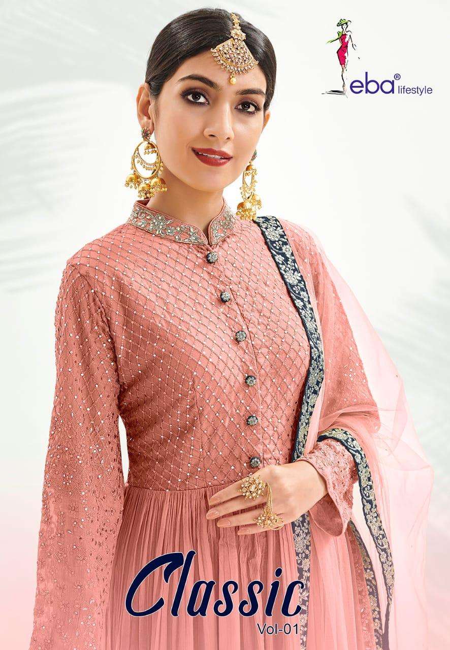 Eba Lifestyle Classic Gold Vol 1 Chinnon Embroidered Salwar Suits Wholesaler Surat