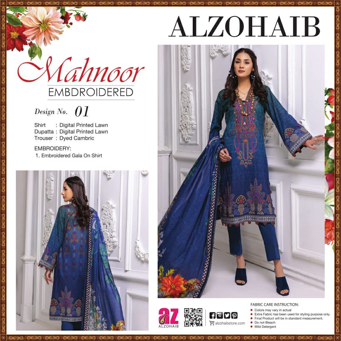 Al Zohaib Mahnoor Lawn Cotton Digital Print With Embroidered Suits Wholesaler Surat