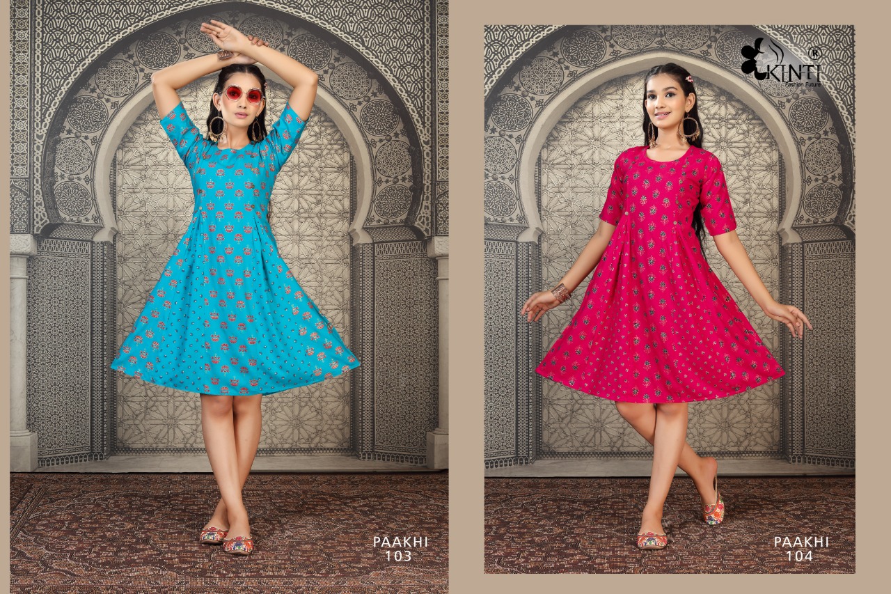 Kinti Paakhi Rayon Foil Print Designer Fancy Girls Child Kurtis Wholesaler Surat