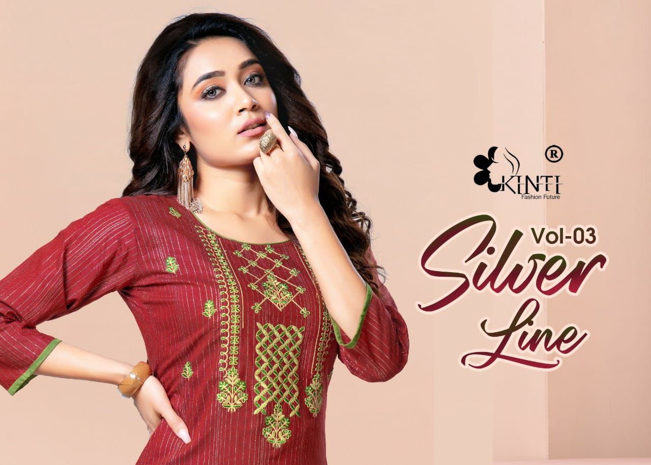 Kinti Fashion Silver Line Vol 3 Handloom Cotton Lurex Straight Fancy Embroidery Kurtis Wholesaler Surat