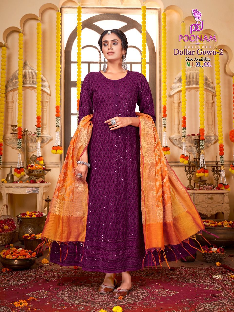 Poonam Designer Dollar Gown Vol 2 Chikan Rayon Gown With Banarasi Dupatta Wholesaler Surat