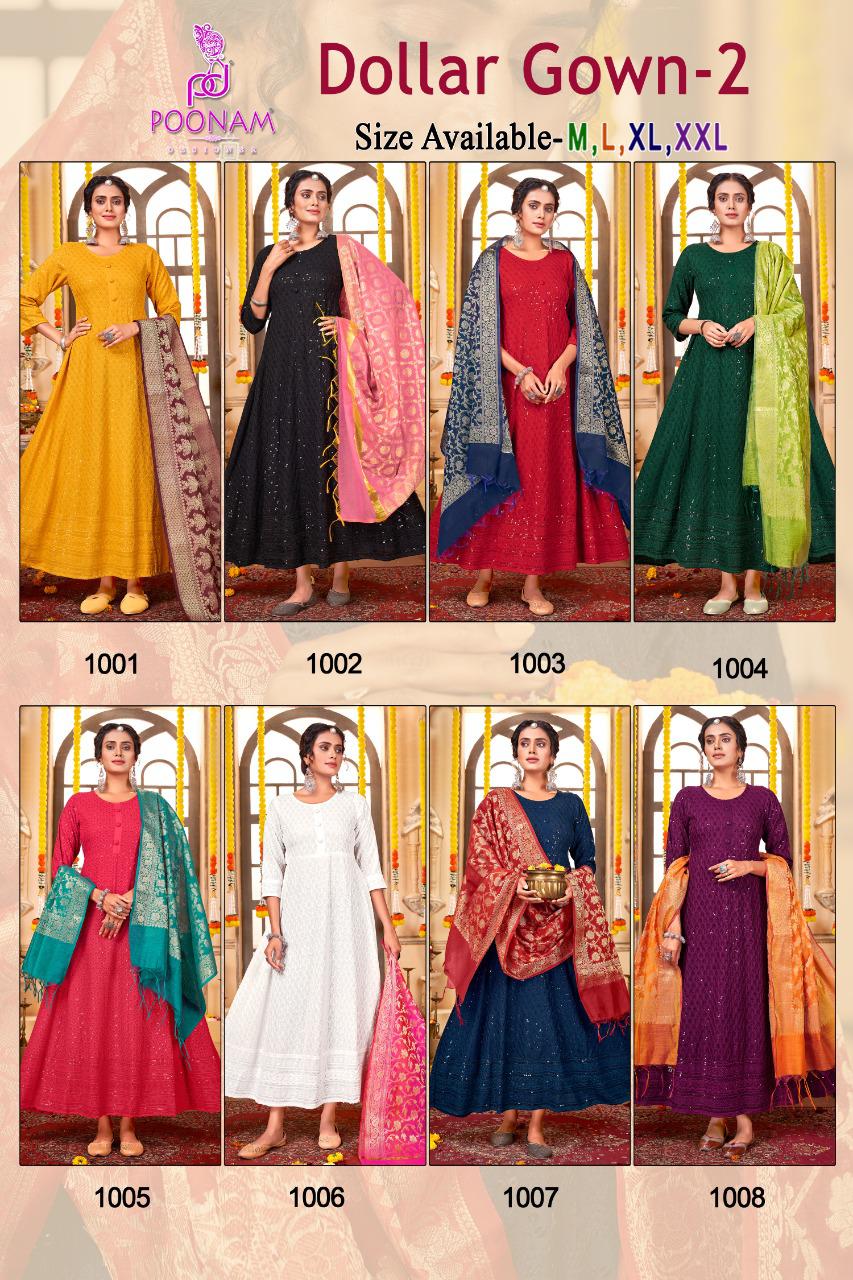Poonam Designer Dollar Gown Vol 2 Chikan Rayon Gown With Dupatta Set Wholesaler Surat