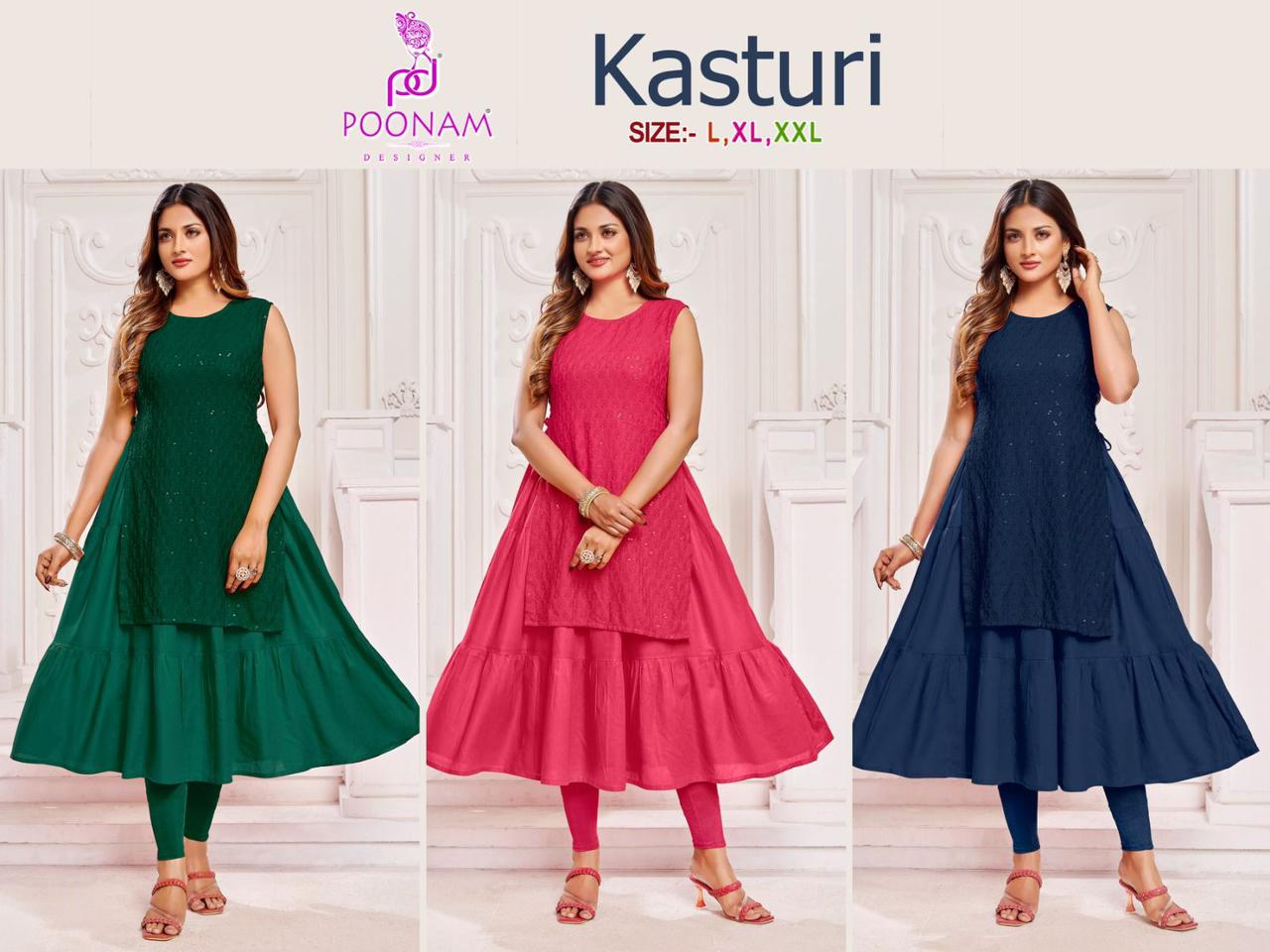 Poonam Designer Kasturi Rayon With Chikan Work Gown Style Kurti At Wholesale Rate Surat