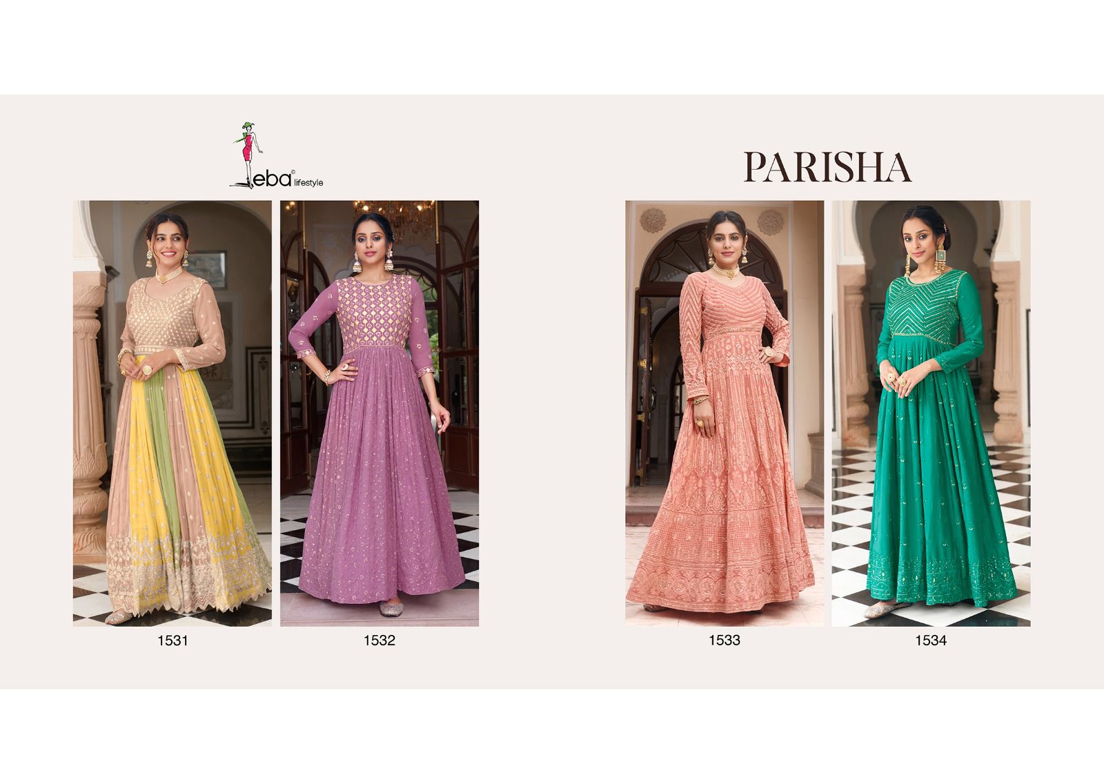 Eba Life Style Parisha Georgette Heavy Embroidery Designer Long Party Wear Gown With Bottom & Dupatta Wholesaler Surat