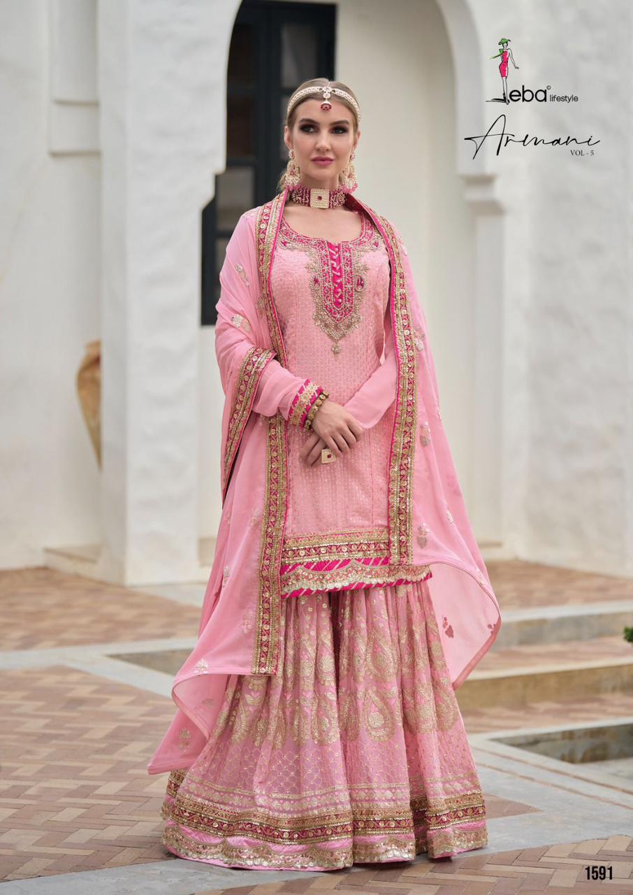 Eba Lifestyle Armani Vol 5 Fox Georgette Beautiful Designer Ready Made Sharara Style Suits Wholesaler Surat
