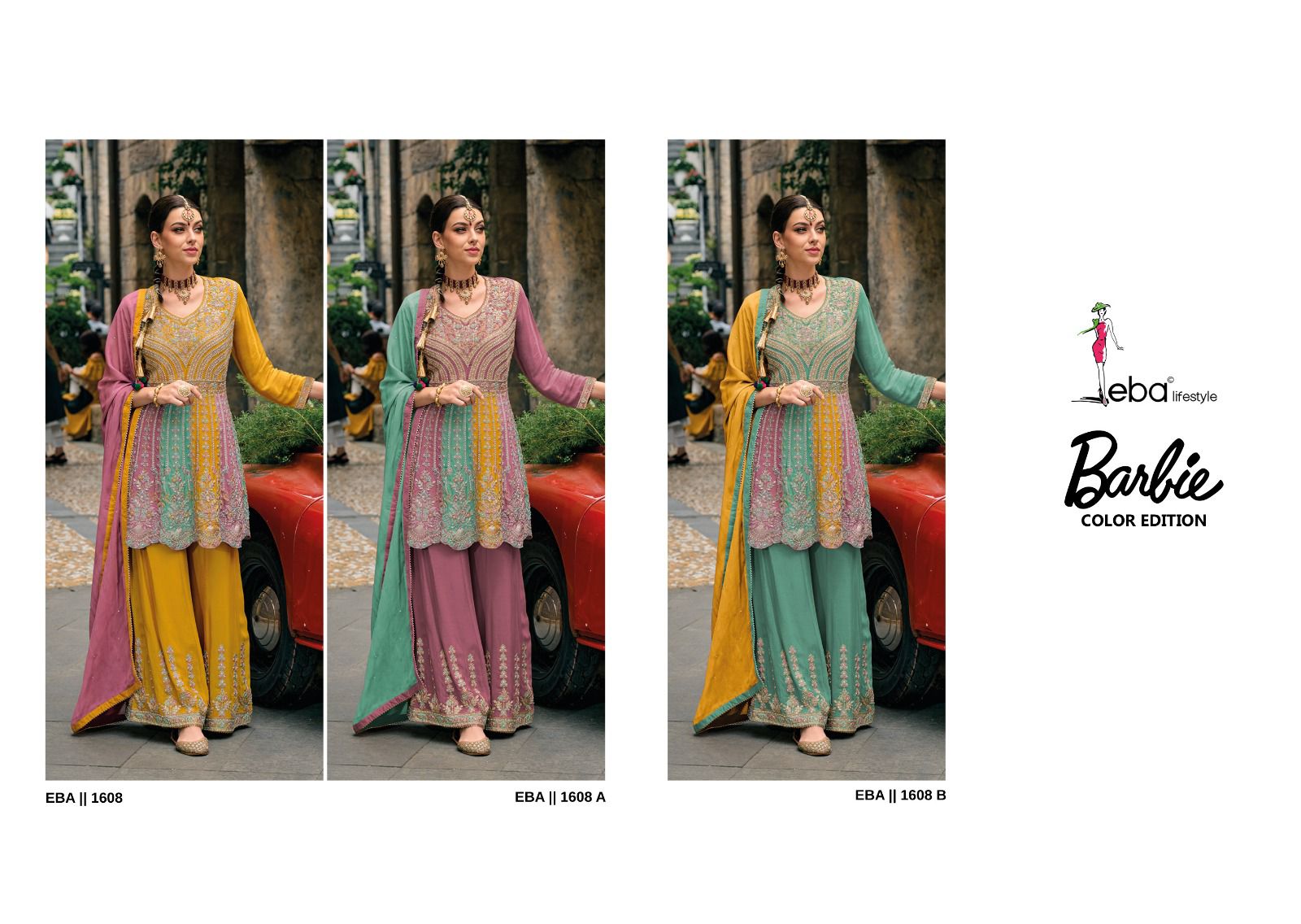 Eba Life Style Barbie Color Edition Chinon With Beautiful Embroidery Designer Ready Made Suits Wholesaler Surat