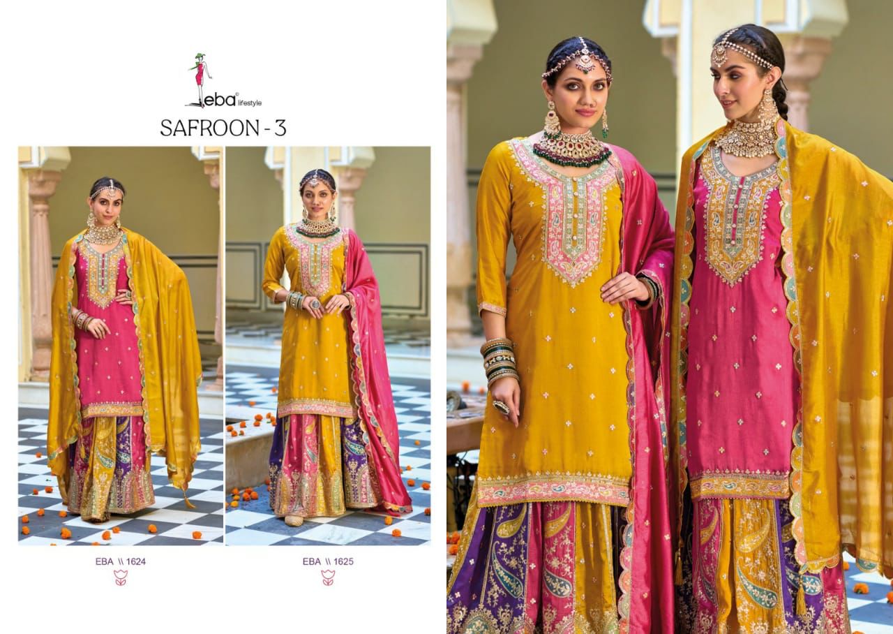 Eba Lifestyle Safroon Vol 3 Silk With Heavy Embroidery Designer Ready Made Suits Wholesaler Surat
