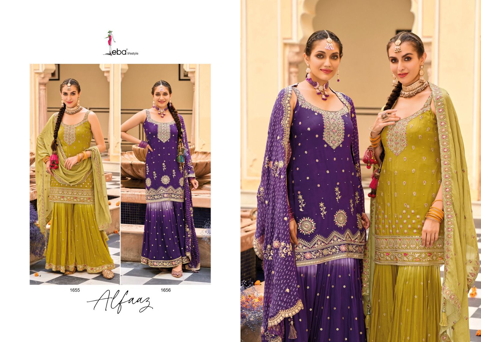 Eba Life Style Alfaaz Chinon With Beautiful Embroidery Designer Ready Made Sharara Suits Wholesaler Surat