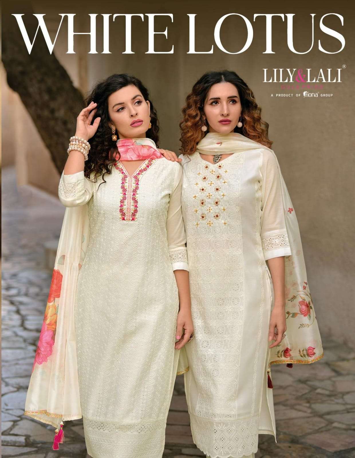 LILY AND LALI WHITE LOTUS SCHIFFLI DESIGNER SUIT