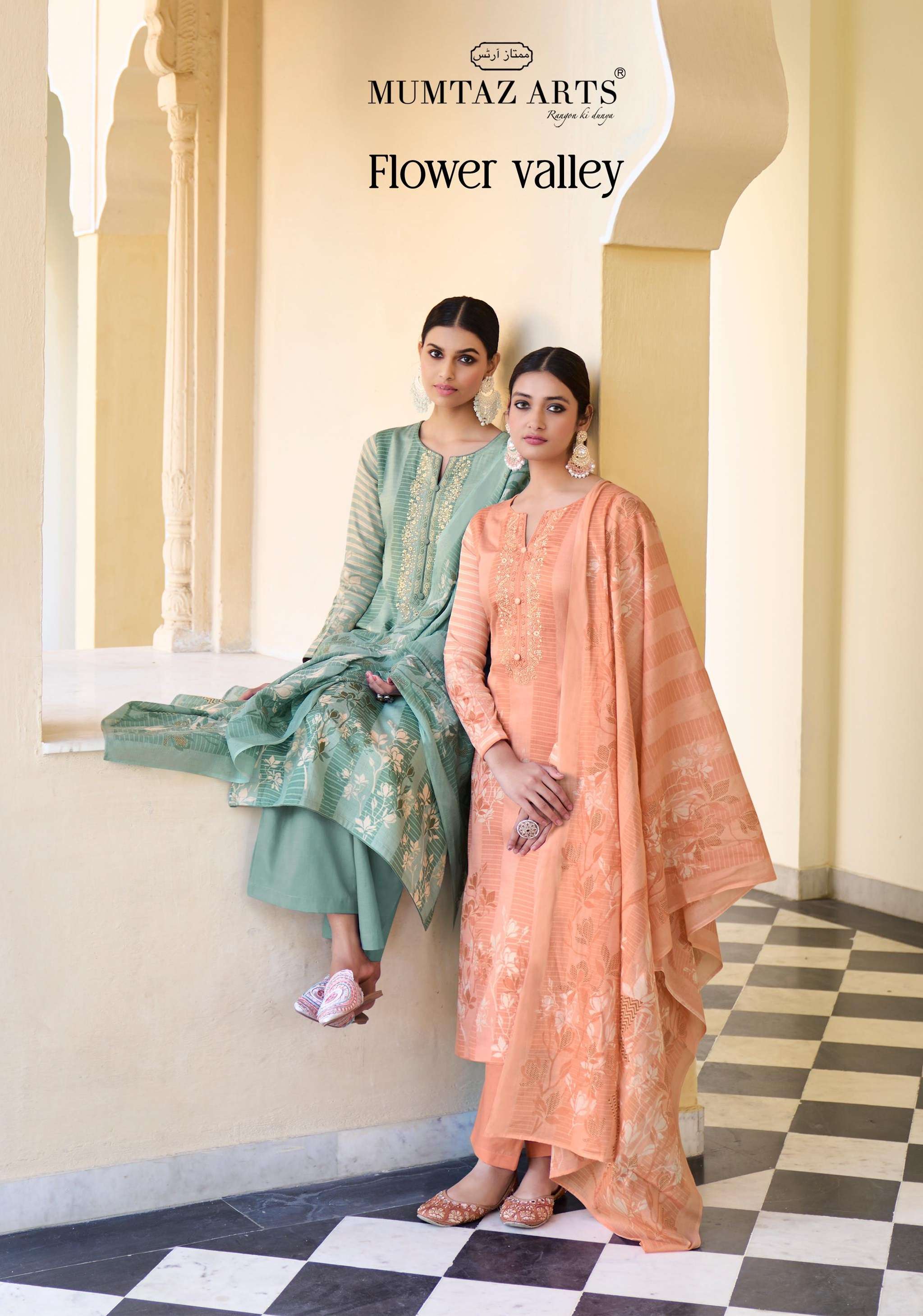 MUMTAZ ARTS FLOWER VALLEY JAM SATIN FANCY WORK SUIT