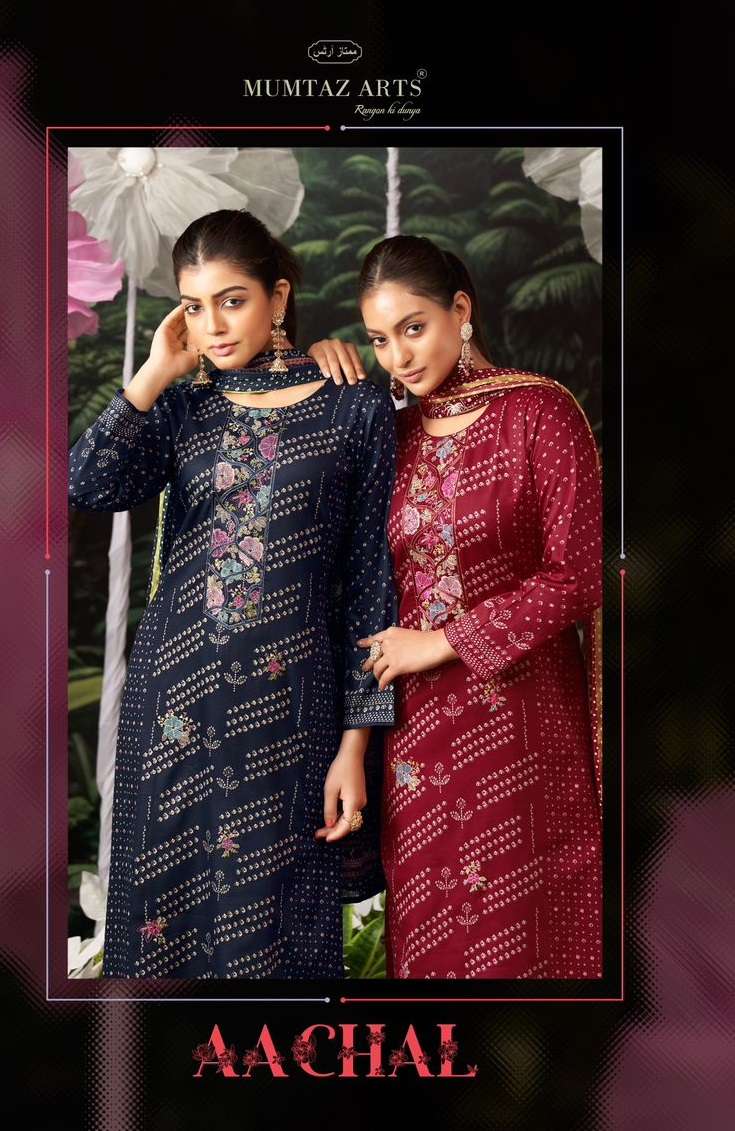 MUMTAZ ARTS AACHAL JAM SATIN EMBROIDERY WORK SUIT