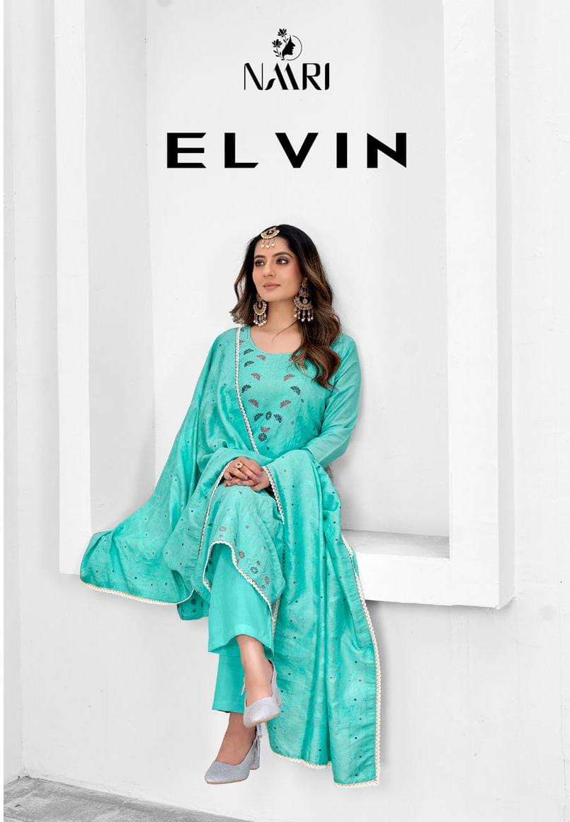 NAARI ELVIN MUSLIN DOLA JACQQUARD FANCY WORK SUIT