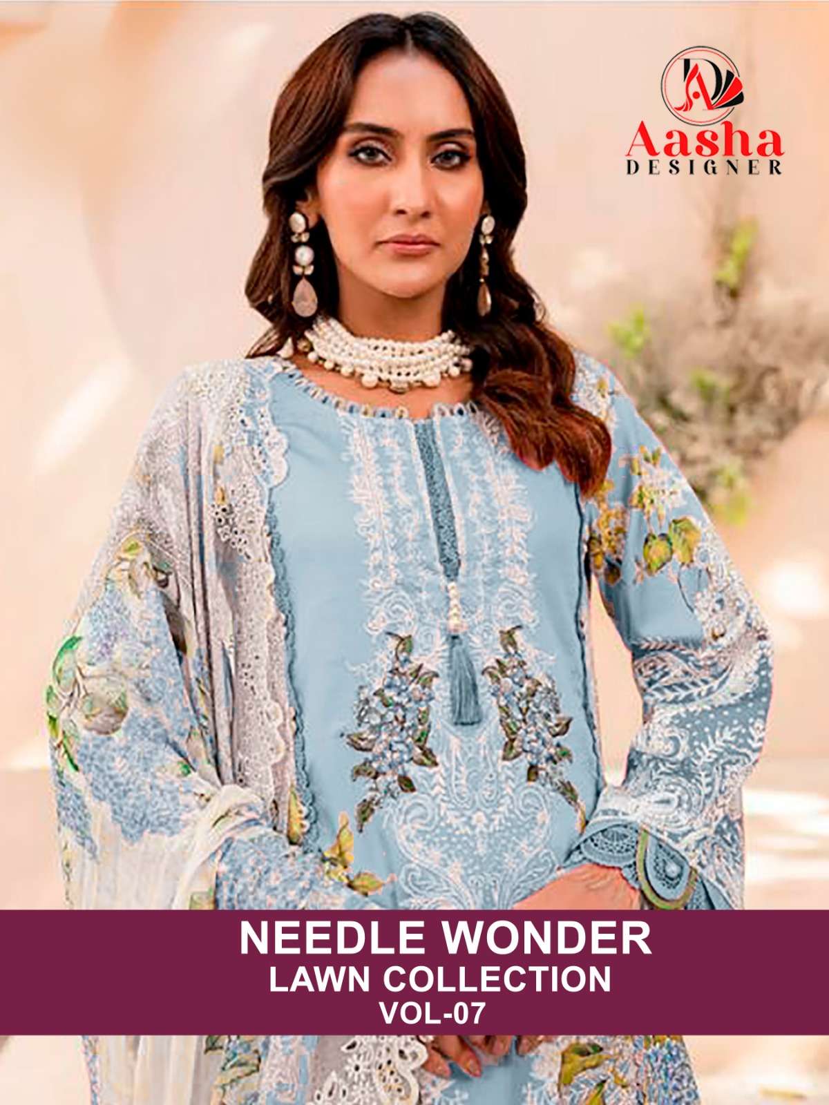 AASHA DESIGNER NEEDLE WONDER LAWN COLLECTION VOL 7 COTTON SUIT