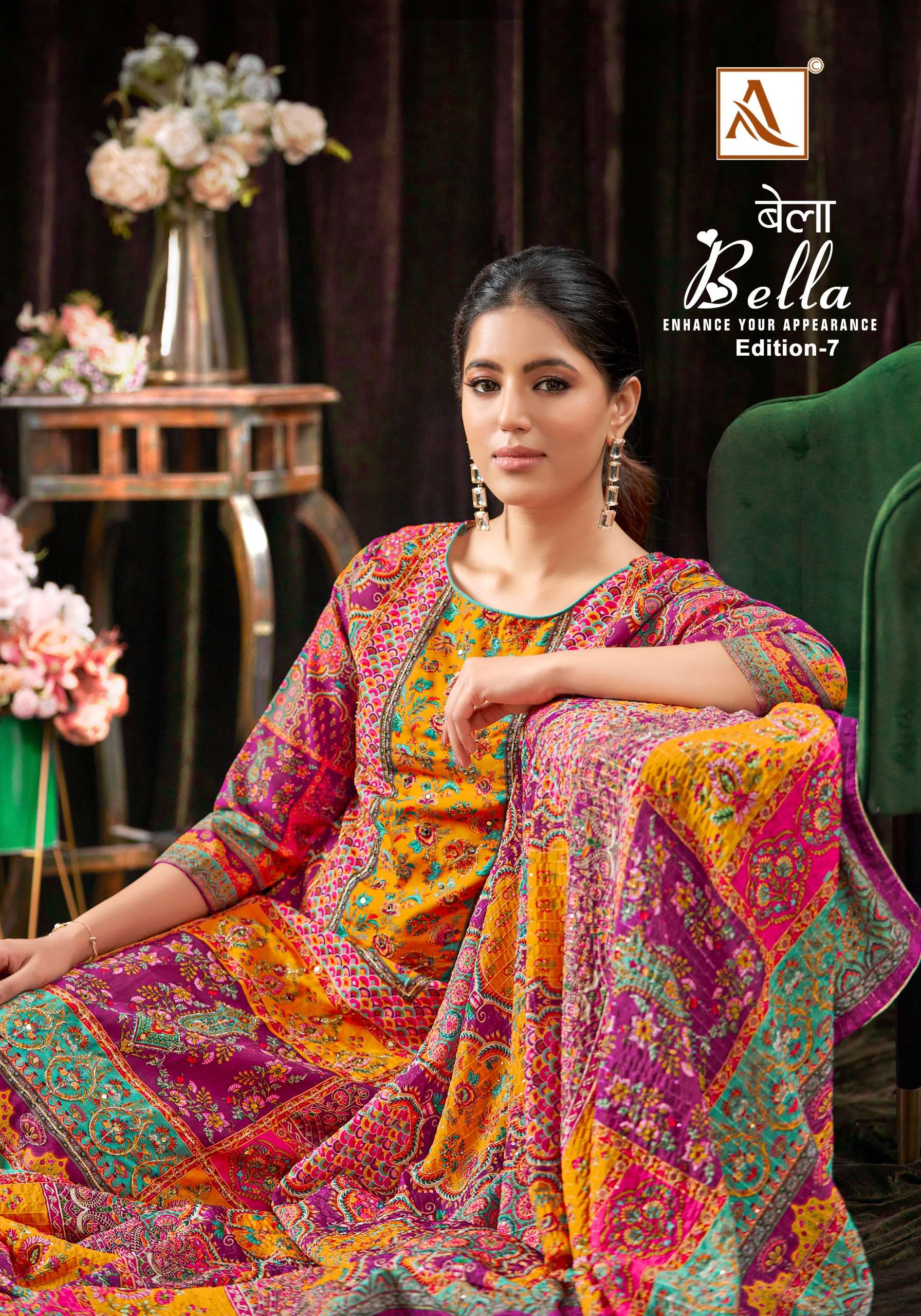 ALOK SUITS BELLA VOL 7 MUSLIN FANCY PRINT WITH WORK SUIT