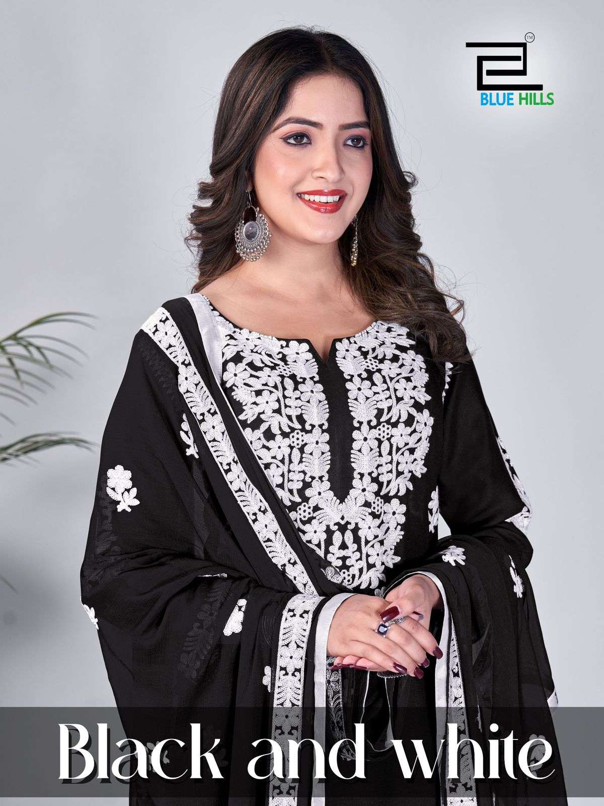 BLUE HILLS BLACK AND WHITE FANCY THREAD WORK KURTI COMBO SET 