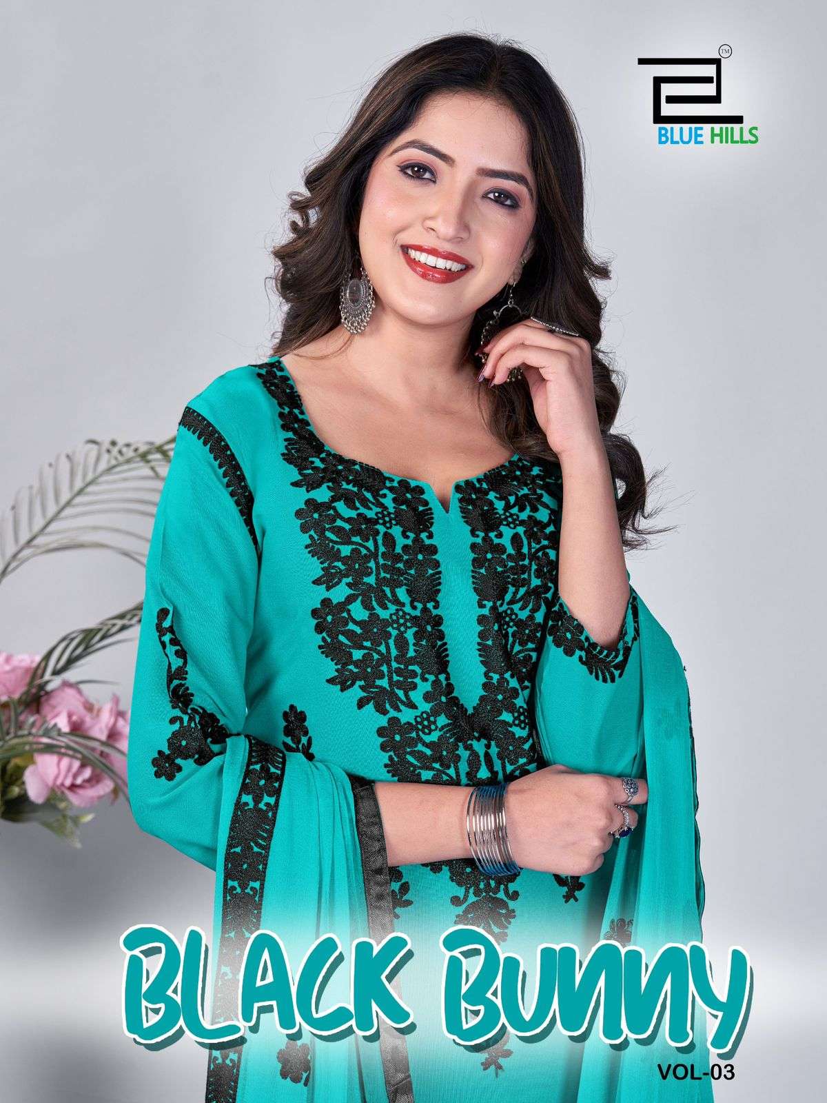 BLUE HILLS BLACK BUNNY VOL 3 RAYON FANCY WORK KURTI COMBO SET 