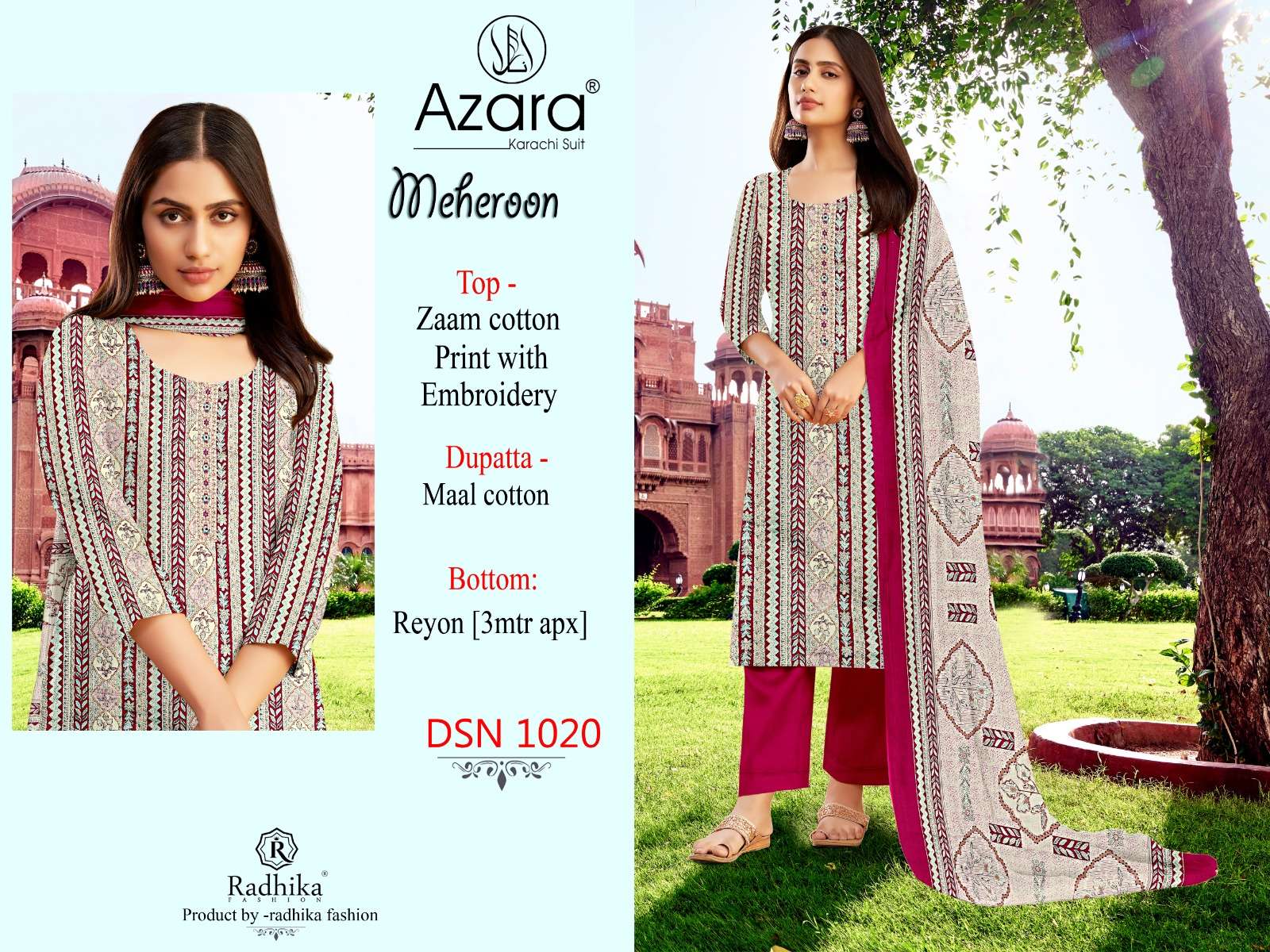 RADHIKA FASHION AZARA MEHEROON JAM COTTON FANCY WORK SUIT