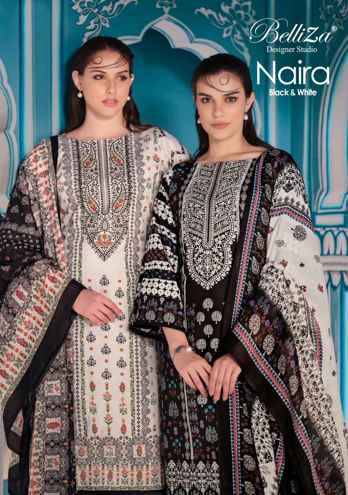 BELLIZA DESIGNER STUDIO NAIRA BLACK AND WHITE COTTON FANCY WORK SUIT