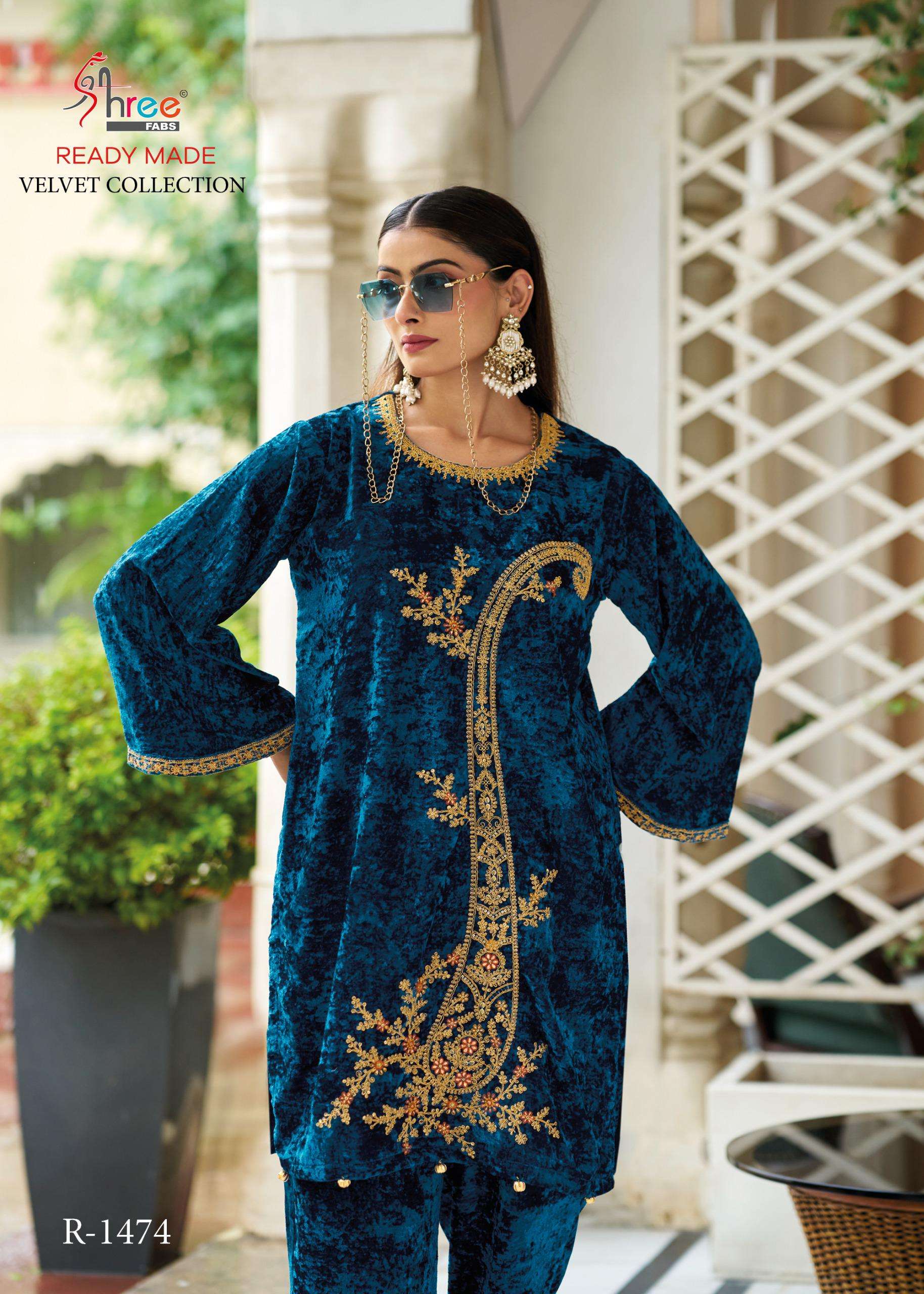 SHREE FABS R 1474 VELVET EMBROIDERY DESIGNER KURTI WITH BOTTOM SET 